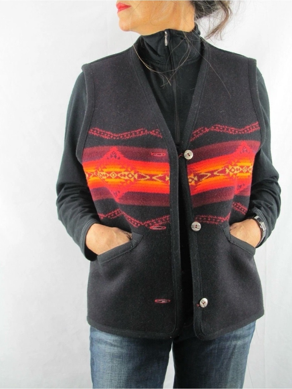 Pendleton Red Southwestern Wool Vest with Black Trim